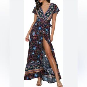 Zesica womans Bohemian Floral Print ruffle wrap midi dress size M